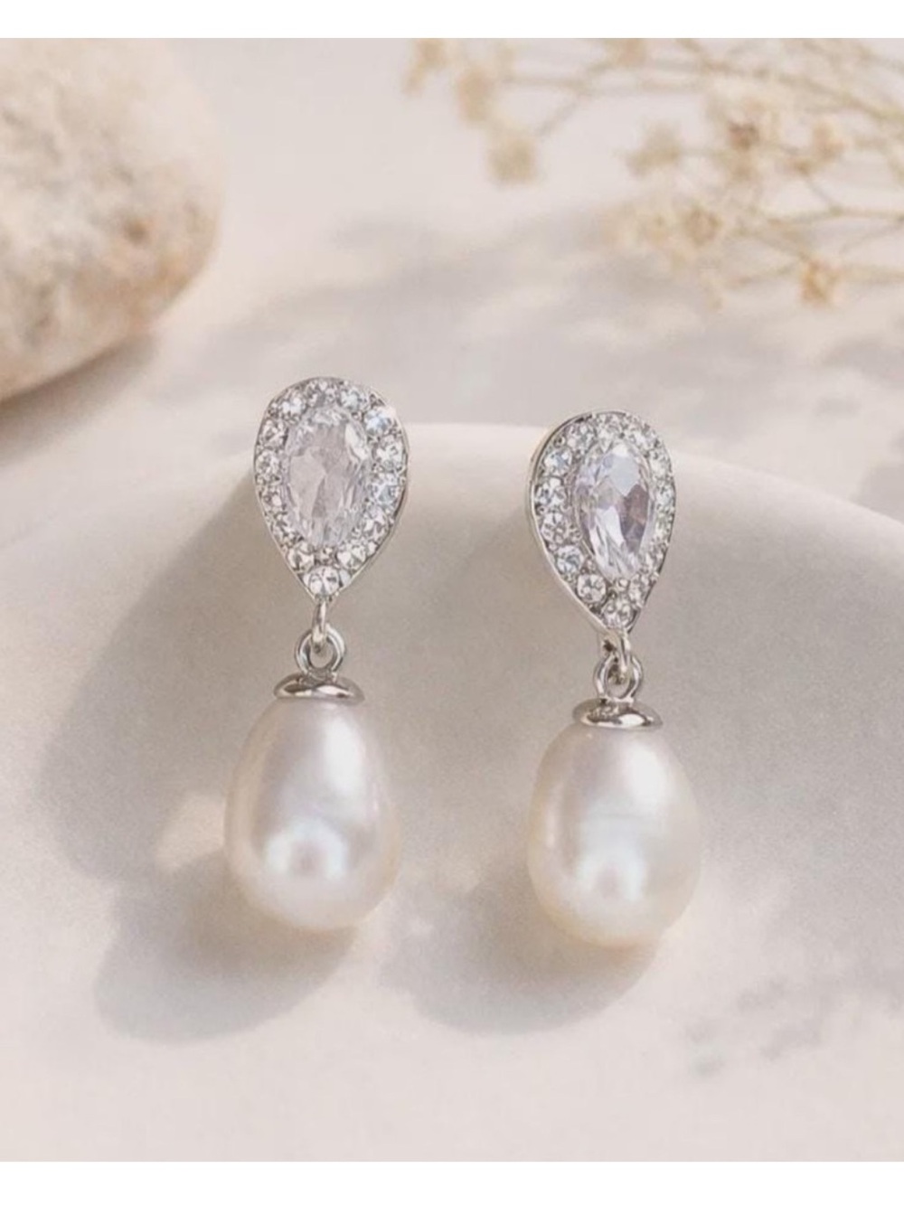 Silver Tone Crystal Pearl Drop Earrings